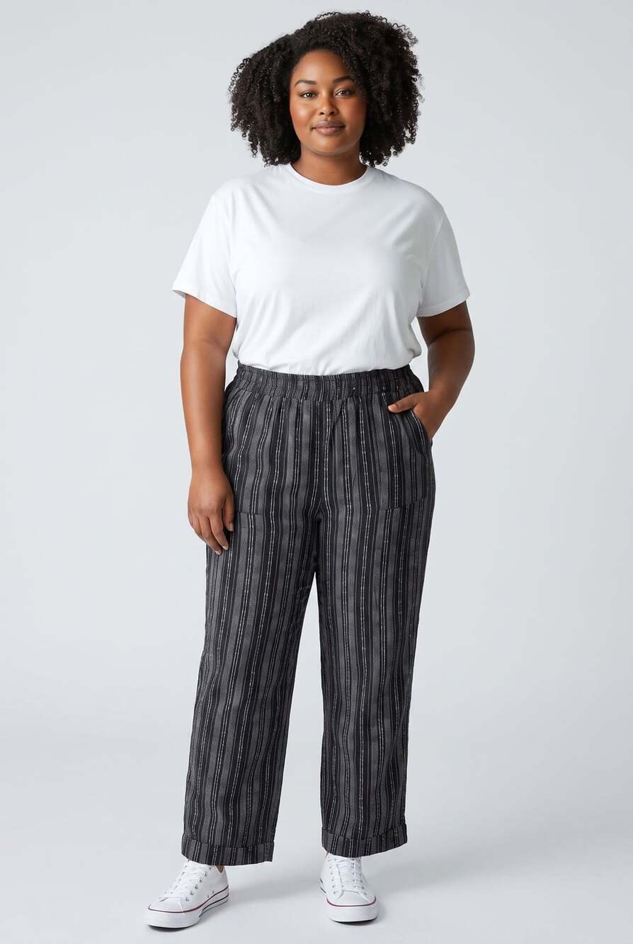 Time and Tru Women's Black and White Striped Pull-On Linen Blend Wide Leg Pants